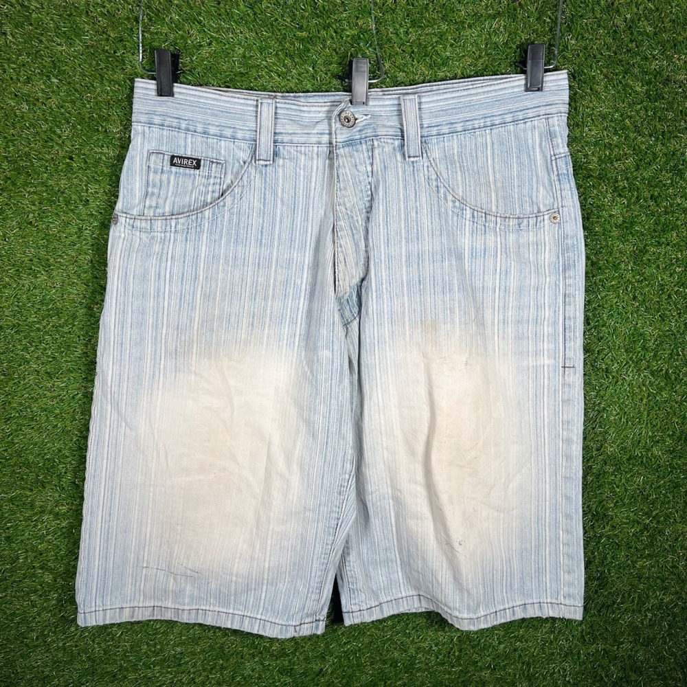 Avirex Mens Pinstripe Denim Shorts Light Wash Blue Baggy Y2K Streetwear Size 38